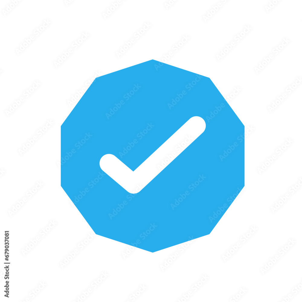 Approved Icon. White Check Mark with Blue Circle Shape Sparkle Star Sticker Label Approved Icon. White Check Mark with Blue Circle Shape Sparkle Star Sticker Label