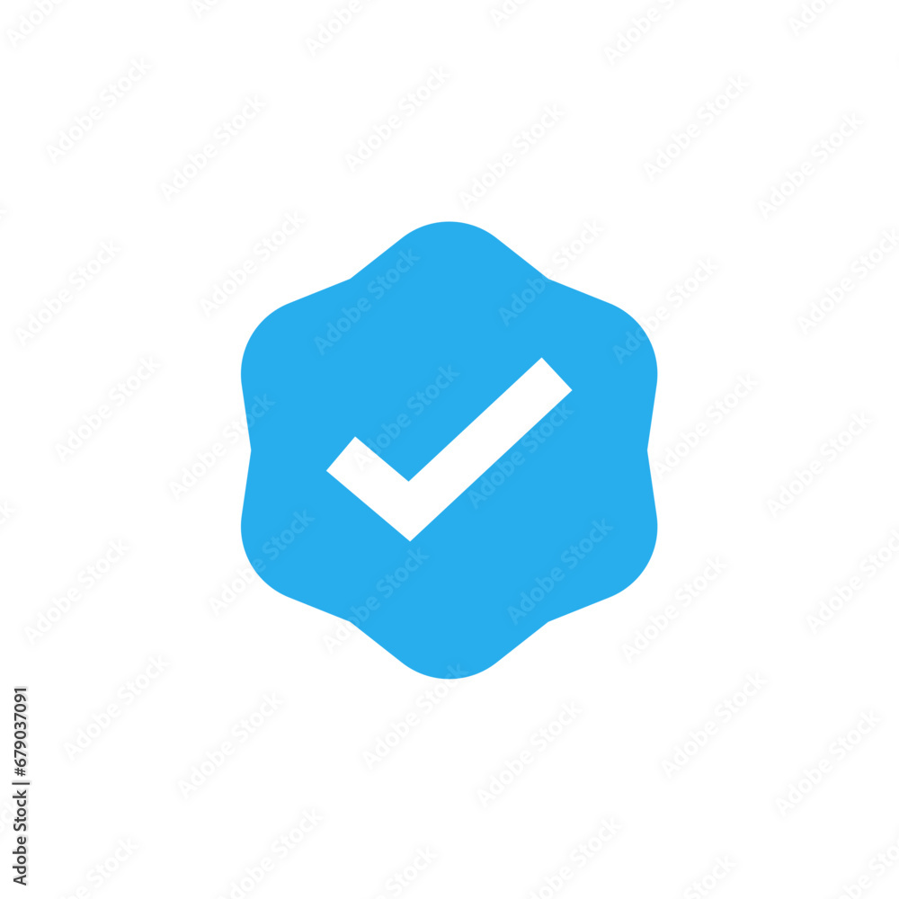 Approved Icon. White Check Mark with Blue Circle Shape Sparkle Star Sticker Label Approved Icon. White Check Mark with Blue Circle Shape Sparkle Star Sticker Label