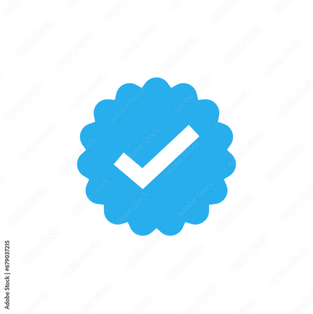 Approved Icon. White Check Mark with Blue Circle Shape Sparkle Star Sticker Label Approved Icon. White Check Mark with Blue Circle Shape Sparkle Star Sticker Label