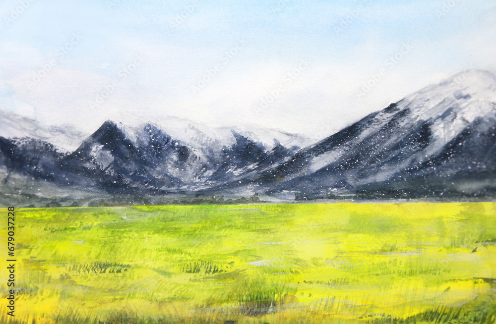 Watercolor painting landscape mountains and green fields with blue sky in the countryside.	

