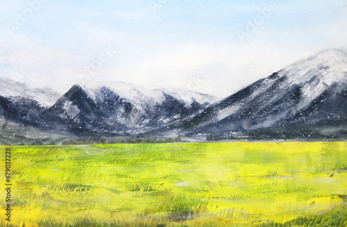 Watercolor painting landscape mountains and green fields with blue sky in the countryside.  