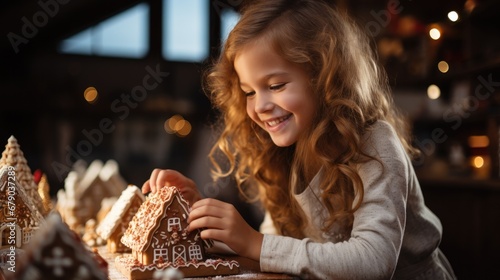 Caucasian caucasian girl creating a gingerbread house