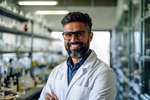 Confident male pharmacist with smile stands in white coat against background of shelves with bottles of pills and medicines  ready to explain to patients the instructions for medicines