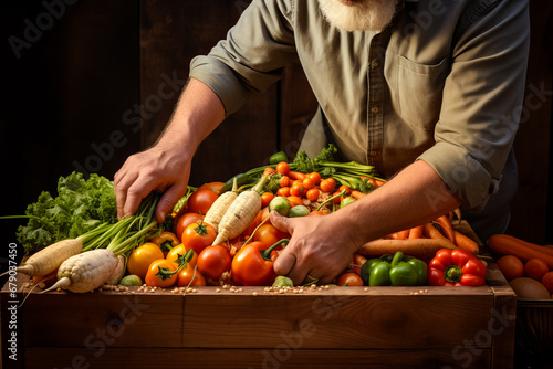 Farmer sorting vegetables into a large crates, concept for selling vegetables, harvesting