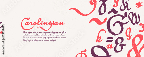 Medieval web banner with blackletter gothic calligraphy pattern. Template for Halloween card, vintage banner, gift voucher, pirate grunge labels, horror label. Vector illustration with German initials