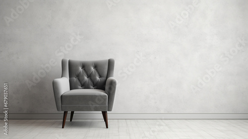 Grey armchair in empty room. Modern interior design with light empty mock up wall. generative ai © Witri