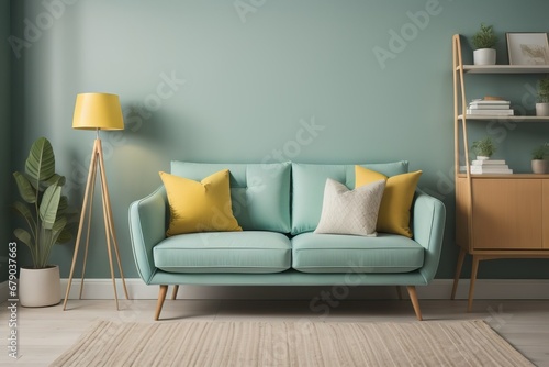 Cute mint loveseat sofa with yellow pillow against green wall with bookcase © Marko
