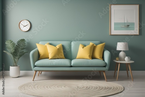 Cute mint loveseat sofa with yellow pillow against green wall with bookcase