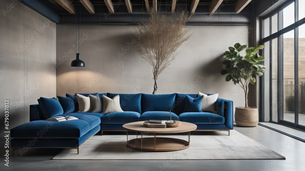 Dark blue sofa and round wooden coffee table against concrete wall with ...