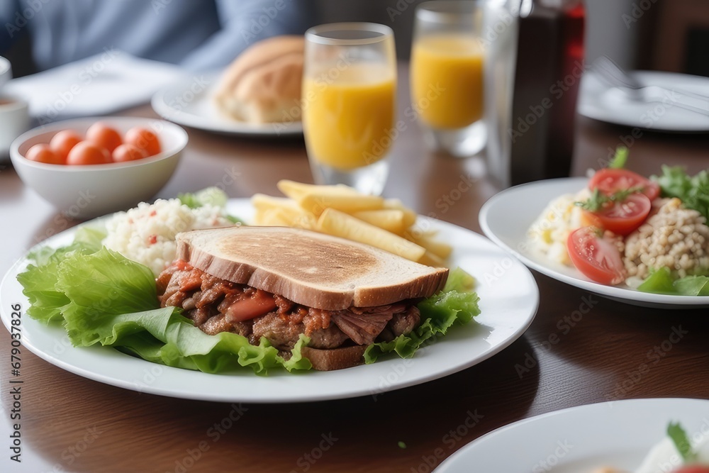 sandwich with meat and french fries on the table in the restaurant