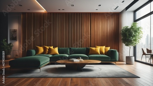 Interior design of modern apartment  yellow sofa in living room  dark green wall  wooden panelling  home