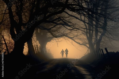 Horror  fantasy  states of mind concept. Two human silhouettes walking on empty winding road during dense fog at night. Old big without leaves tree silhouettes growing in both sides of the road