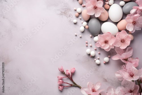 Artistic Easter Eggs Arrangement with Cherry Blossoms on Textured Background