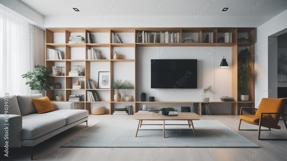 Fototapeta premium Minimalist interior design of modern living room with shelving unit