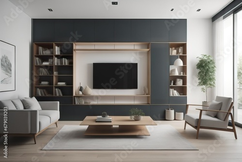 Minimalist interior design of modern living room with shelving unit © Marko