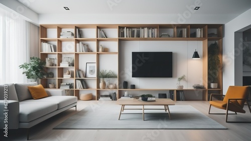 Minimalist interior design of modern living room with shelving unit