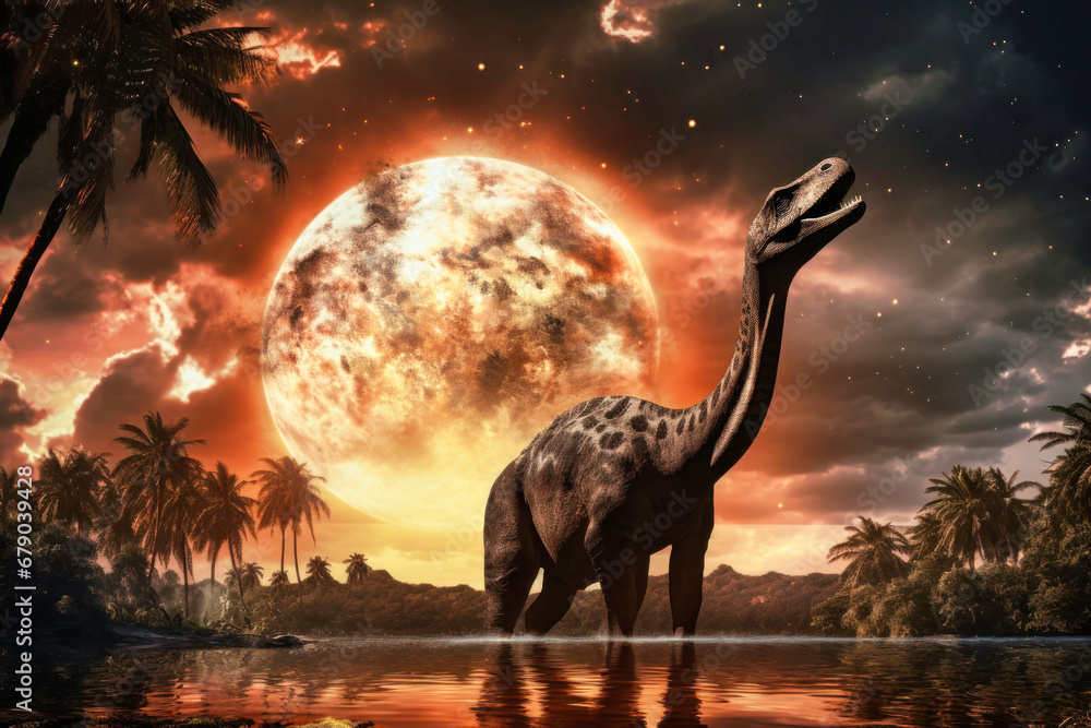 Naklejka premium Diplodocus dinosaur against a background of fire and explosions. Dinosaur. Jurassic period. A huge monster. Global catastrophe. Death of the dinosaurs.