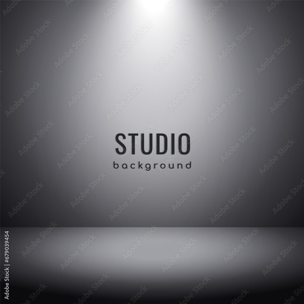Realistic background for product display. Grey studio room background with spotlight. Realistic background for product display. Grey studio room background with spotlight.