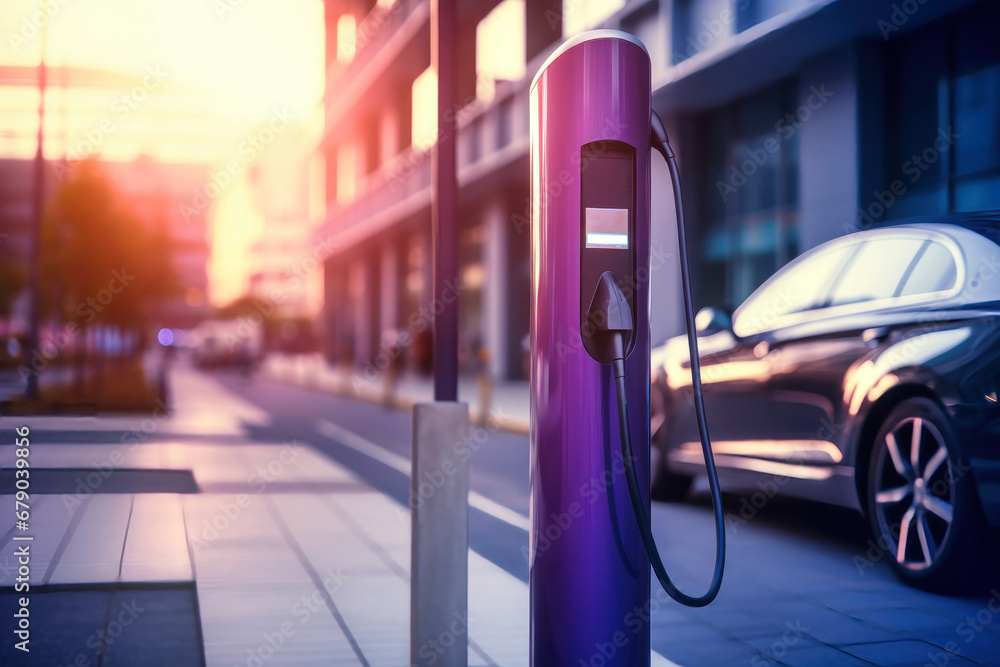 Fototapeta premium Charging station for recharging the battery with electricity using an EV charging cable in an evening city street. Innovative electric vehicle and energy sustainability.