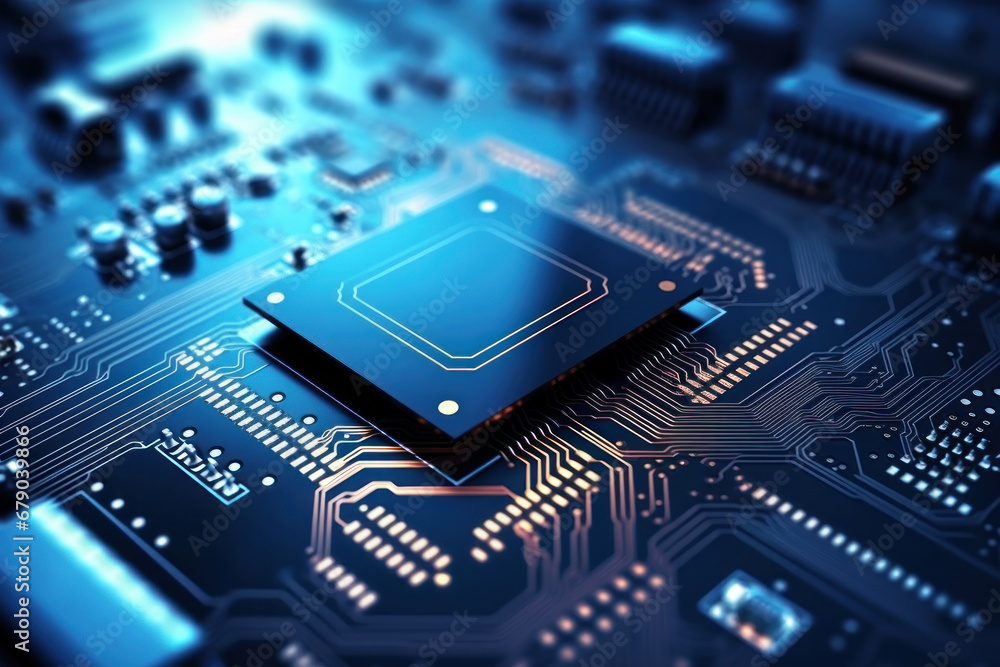 A powerful computer processor or chip on a motherboard. Modern technologies. Blue background. Development of computer technologies. A powerful computer processor or chip on a motherboard. Modern technologies. Blue background. Development of computer technologies.
