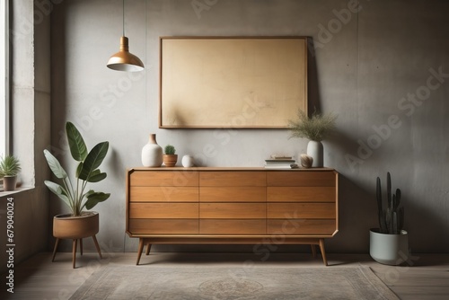 Retro wooden dresser against concrete wall. Vintage home interior design of modern living room