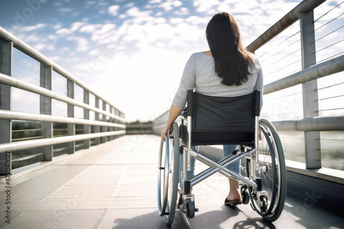 A disabled woman in a wheelchair on a ramp in the city. Support. Social problems. Infrastructure for people with disabilities.