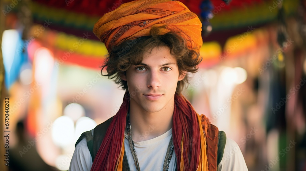 a young male traveller wearing an orange turban on top of his head