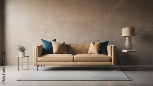 Velvet loveseat sofa near beige blank wall with copy space. Minimalist home interior design of modern living room