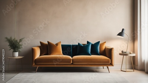 Velvet loveseat sofa near beige blank wall with copy space. Minimalist home interior design of modern living room