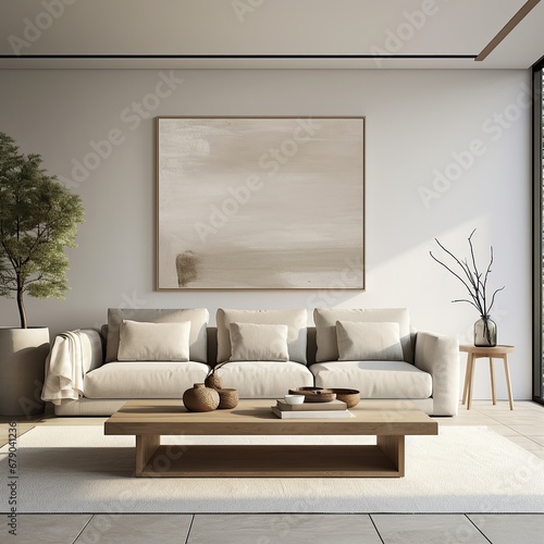 Sophisticated living space with neutral tones, comfy sofa, and minimalist art, promoting a calm atmosphere © mockupzord