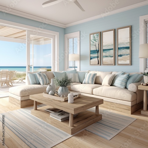 Chic coastal living room featuring bright, airy decor with a comfortable couch and stunning beachside view photo