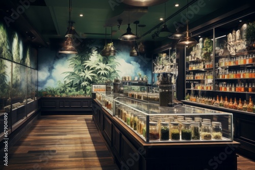 Cannabis street store. Food shopping health drug legal. Generate Ai photo