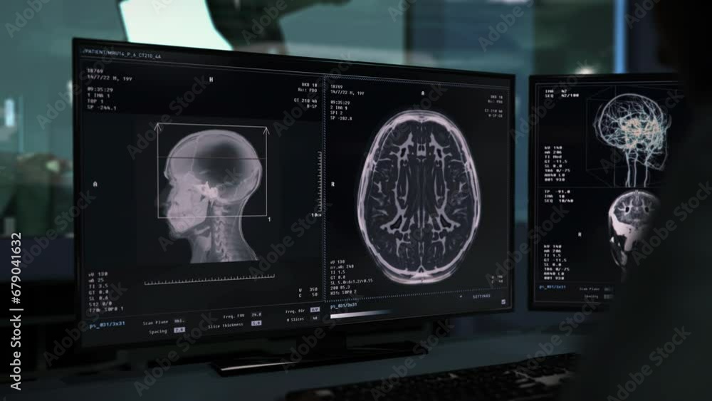Monitoring disease diagnostic system used at the modern hospital. Monitoring disease diagnostic technology examining the patients head. Monitoring disease diagnostic equipment detects brain injuries. Monitoring disease diagnostic system used at the modern hospital. Monitoring disease diagnostic technology examining the patients head. Monitoring disease diagnostic equipment detects brain injuries.