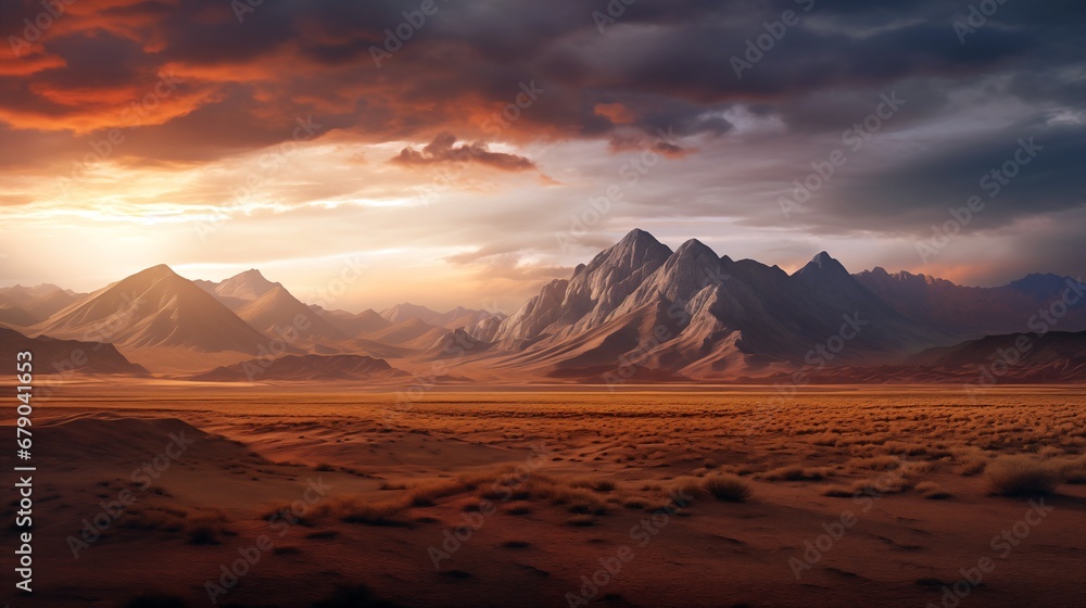 a desert landscape with a mountain range in the background