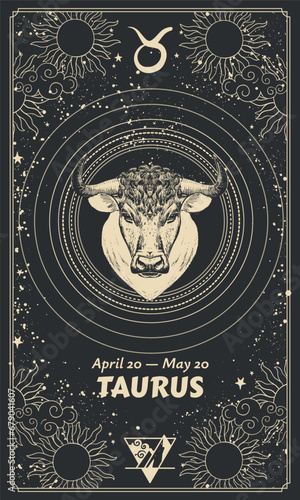 Zodiac sign Taurus, vintage astrological graphic card for calendar, mystical black background, horoscope. Modern realistic vector illustration, hand drawn.
