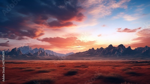 a desert landscape with mountains in the background © Nick