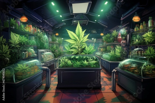 Cannabis street store big leaves. Herb narcotic exterior bud market. Generate Ai