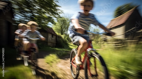 a blurry photo of two children riding bikes