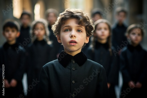 Singing choir child musical boy. Vocal class voice pupil blissful. Generate Ai photo