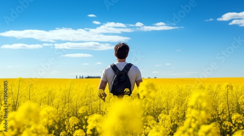 a man standing in a field of yellow canola rapeseed  flowers © Nick