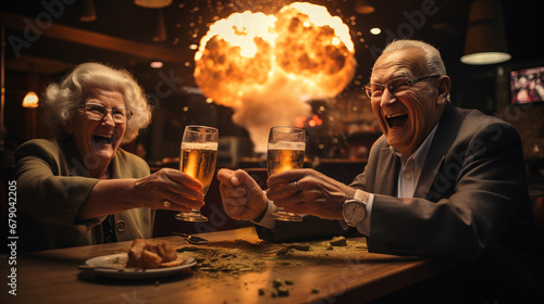 Two senior friends drinking beer and having fun at a bar, celebrating