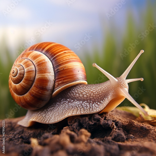 Stunning drawing of realistic snail front, animal planet, full-length snail. Unusual background. photo