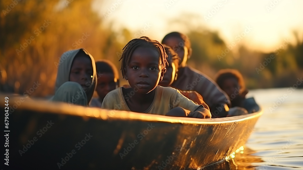 Portrait of homeless african black children and teenagers sitting in boat, they are migrants on their way to Europe - obrazy, fototapety, plakaty 