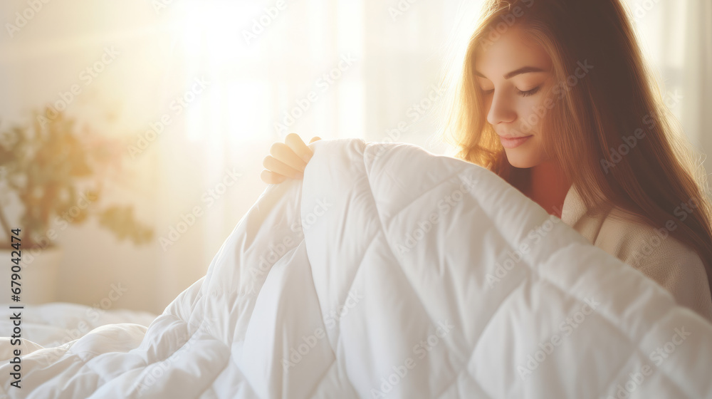 Woman with a white warm duvet quilt in bedroom preparing for cold days of winter at home