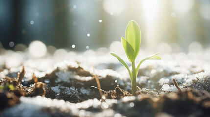 Young green sprout emerging from snowy frozen ground announcing end of winter end beginning of spring season