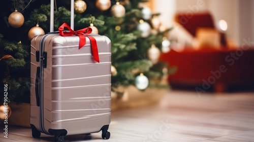 Suitcase next to a Christmas tree and gift box representing winter holidays season travel © Keitma