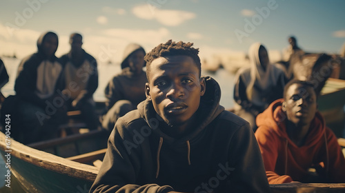 Portrait of homeless african black children and teenagers sitting in boat, they are migrants on their way to Europe photo