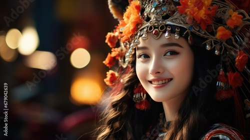 smiling Chinese girl with Chinese new year traditional clothing, lunar spring festival