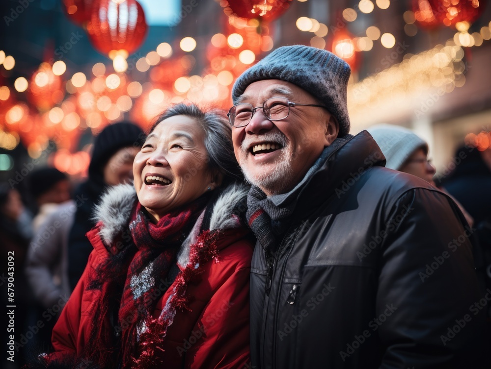 smiling Chinese old couple on lanterns background, lunar spring festival smiling Chinese old couple on lanterns background, lunar spring festival