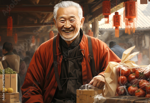 smiling Chinese old man with lanterns, lunar spring festival photo
